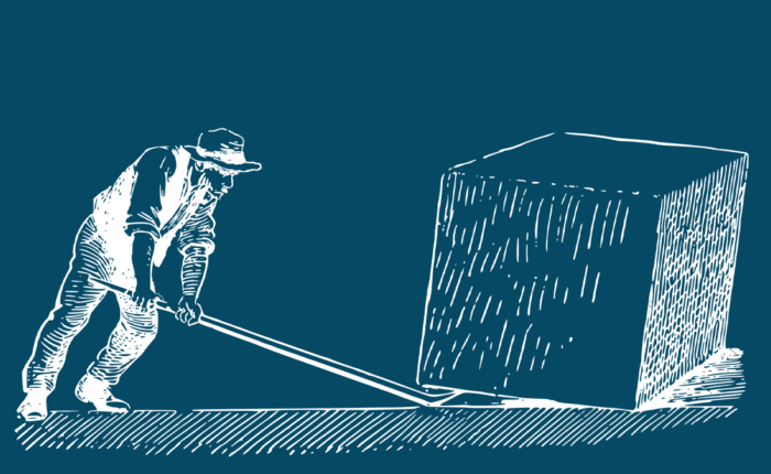 Illustration eines Mannes, der mit einer Hebelstange versucht schwere Quader zu verschieben.