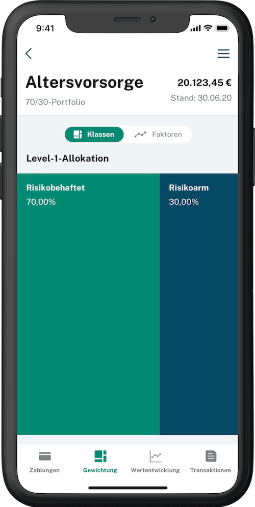 Smartphone-Screenshot der GKC-App mit grafischer Darstellung eines 70/30-Portfolios.