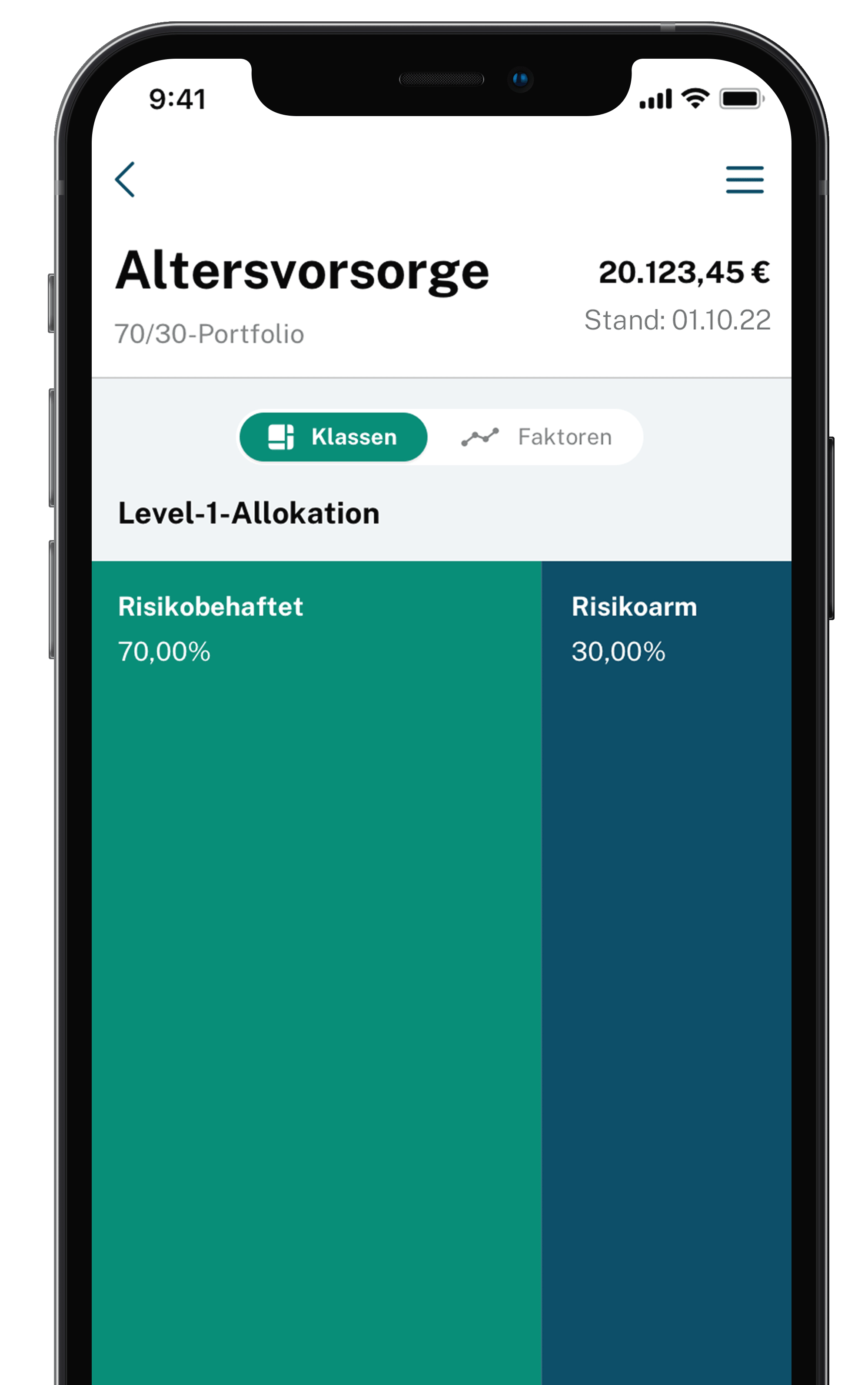 Screenshot der GKC-App mit einer 70/30-Risikoallokation und Portfolio-Übersicht.