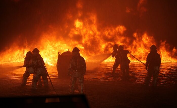 Feuerwehrleute löschen einen großen Brand mit Wasser in dunkler Umgebung.