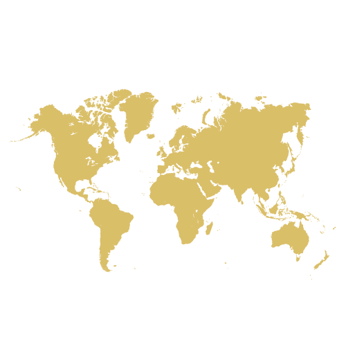 Weltkarte in goldener Farbe auf transparentem Hintergrund mit flächiger Darstellung der Kontinente.